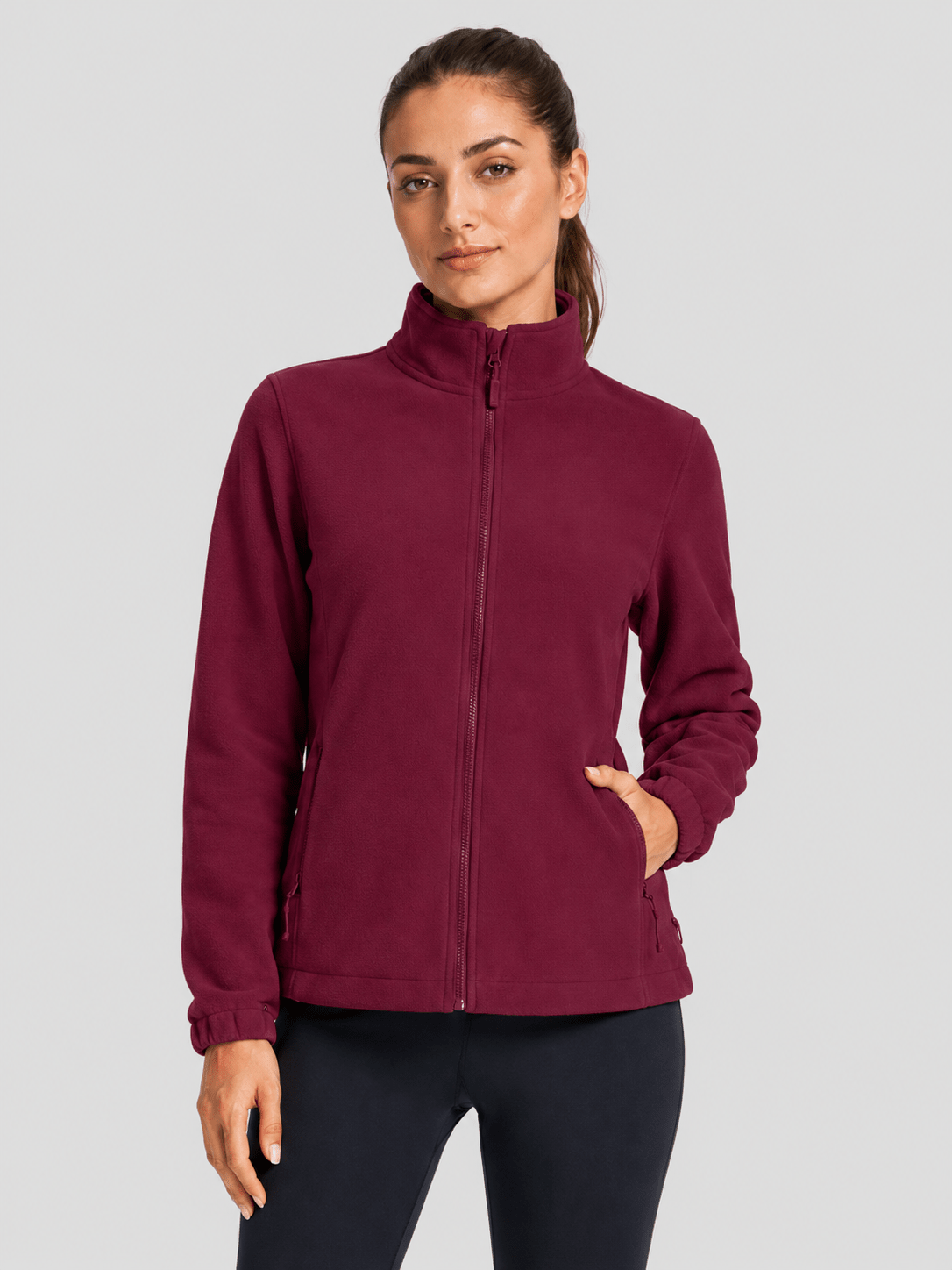 YUCOLEN Women's Lightweight Full Zip Fleece Jacket Windproof Stand Collar Outdoor Sweatshirt in Wine Red