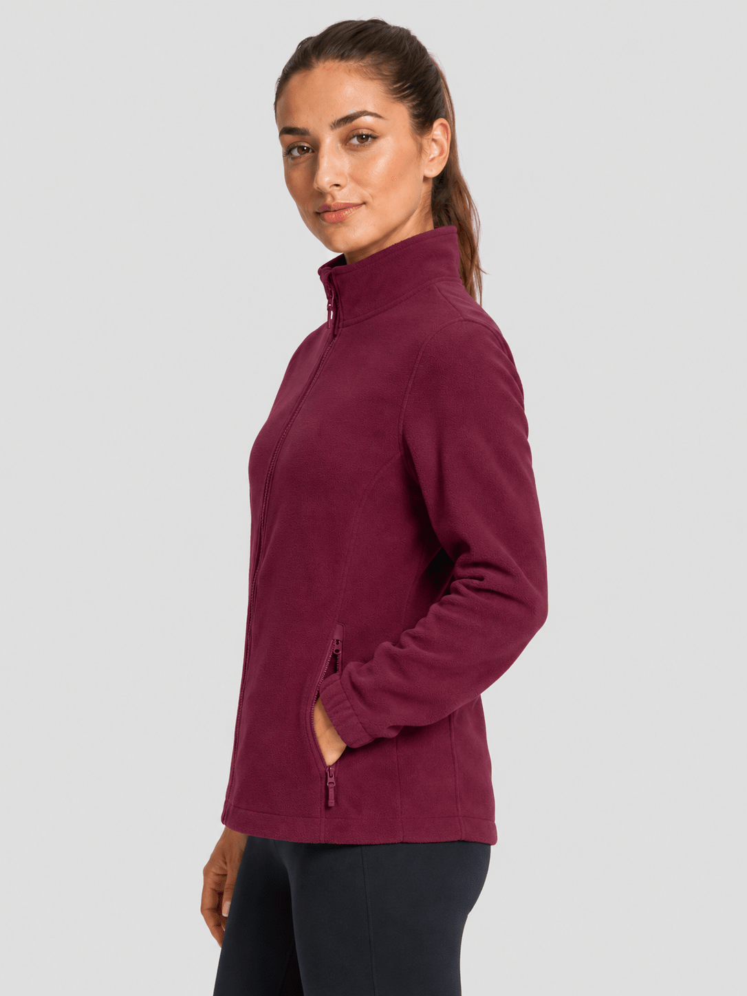 YUCOLEN Women's Lightweight Full Zip Fleece Jacket Windproof Stand Collar Outdoor Sweatshirt in Wine Red