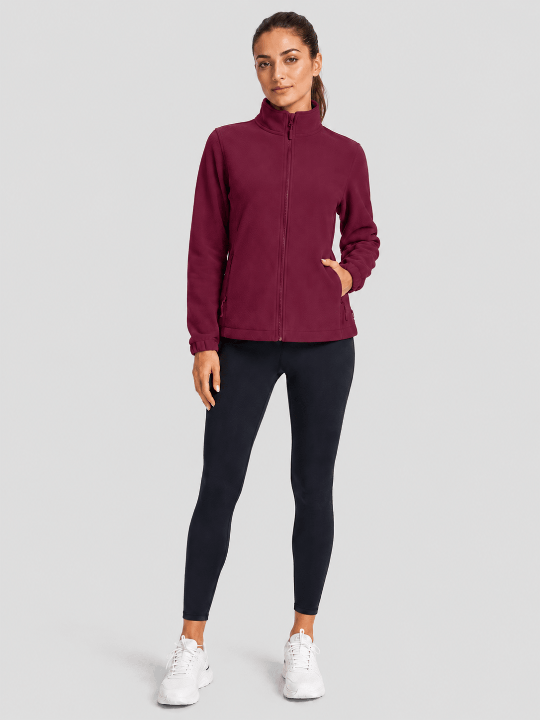 YUCOLEN Women's Lightweight Full Zip Fleece Jacket Windproof Stand Collar Outdoor Sweatshirt in Wine Red
