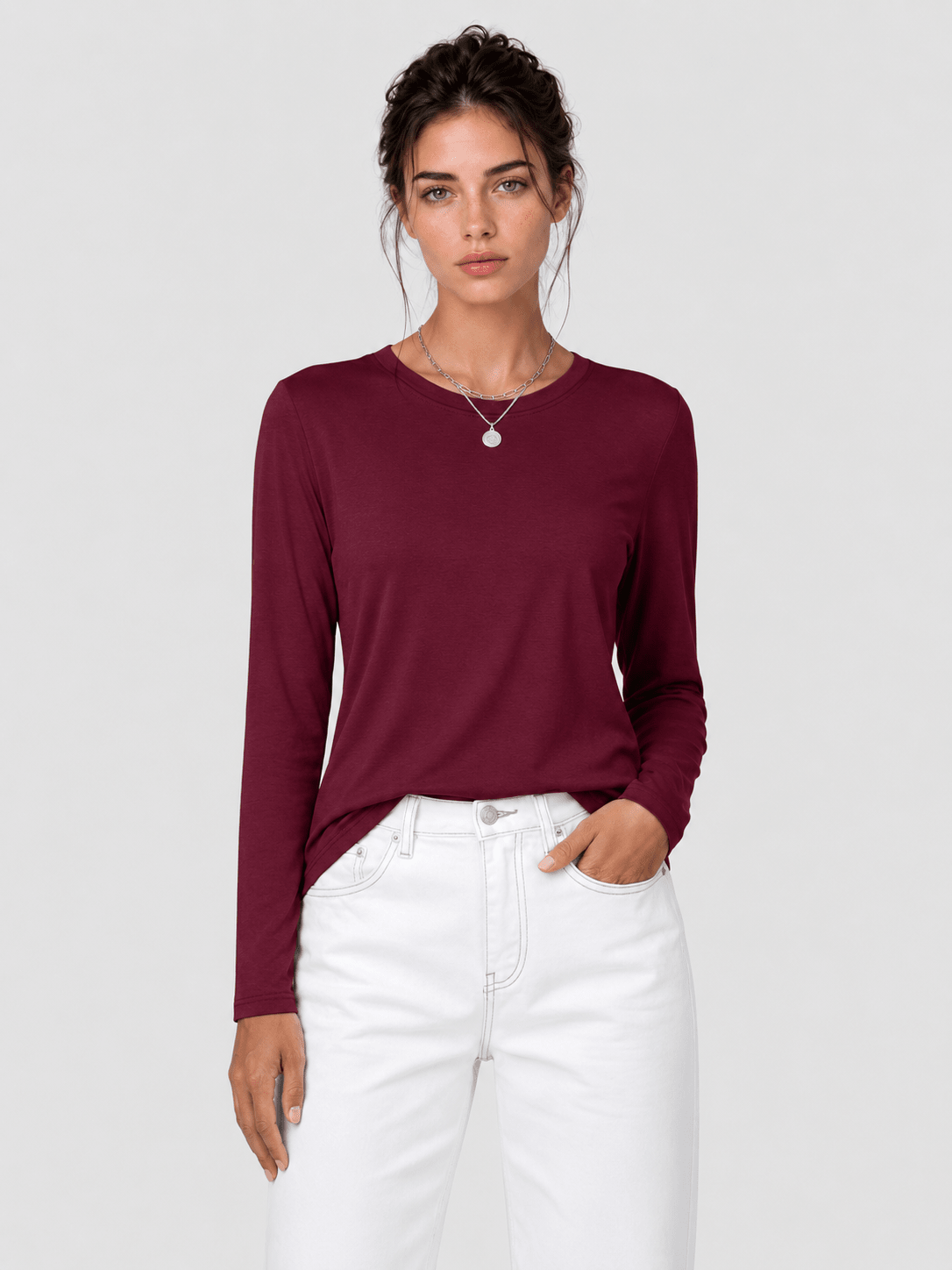 YUCOLEN Women's Long Sleeve Crew Neck Shirt Soft Tri-blend Cotton Performance Tee in Wine Red