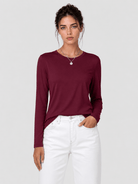 YUCOLEN Women's Long Sleeve Crew Neck Shirt Soft Tri-blend Cotton Performance Tee in Wine Red