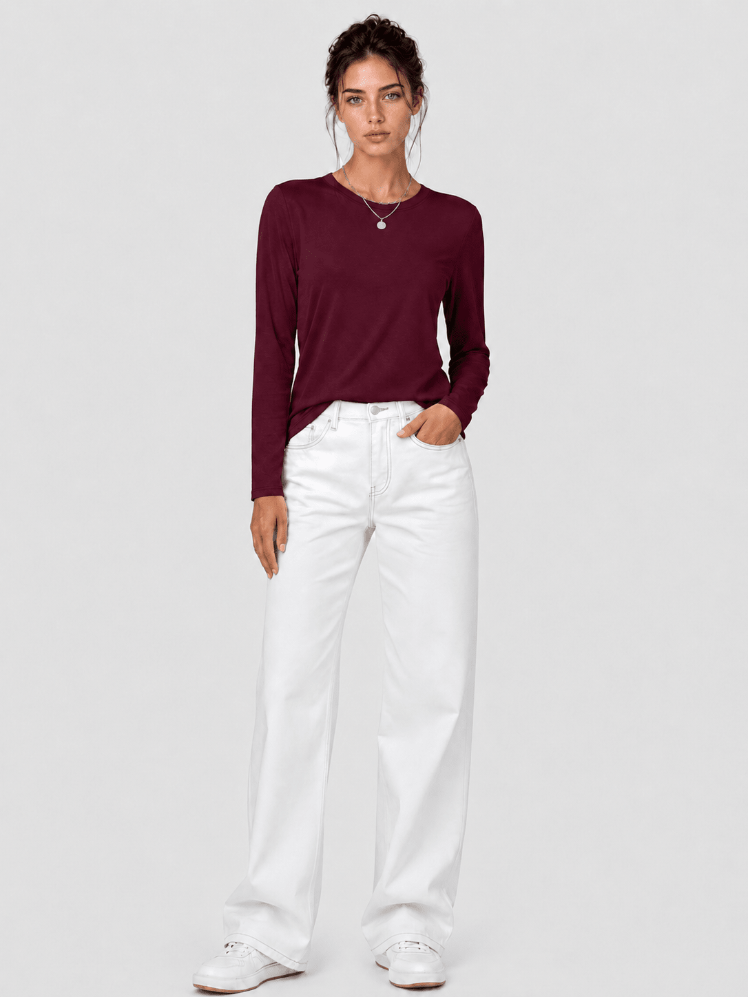 YUCOLEN Women's Long Sleeve Crew Neck Shirt Soft Tri-blend Cotton Performance Tee in Wine Red