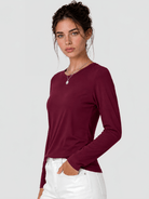 YUCOLEN Women's Long Sleeve Crew Neck Shirt Soft Tri-blend Cotton Performance Tee in Wine Red