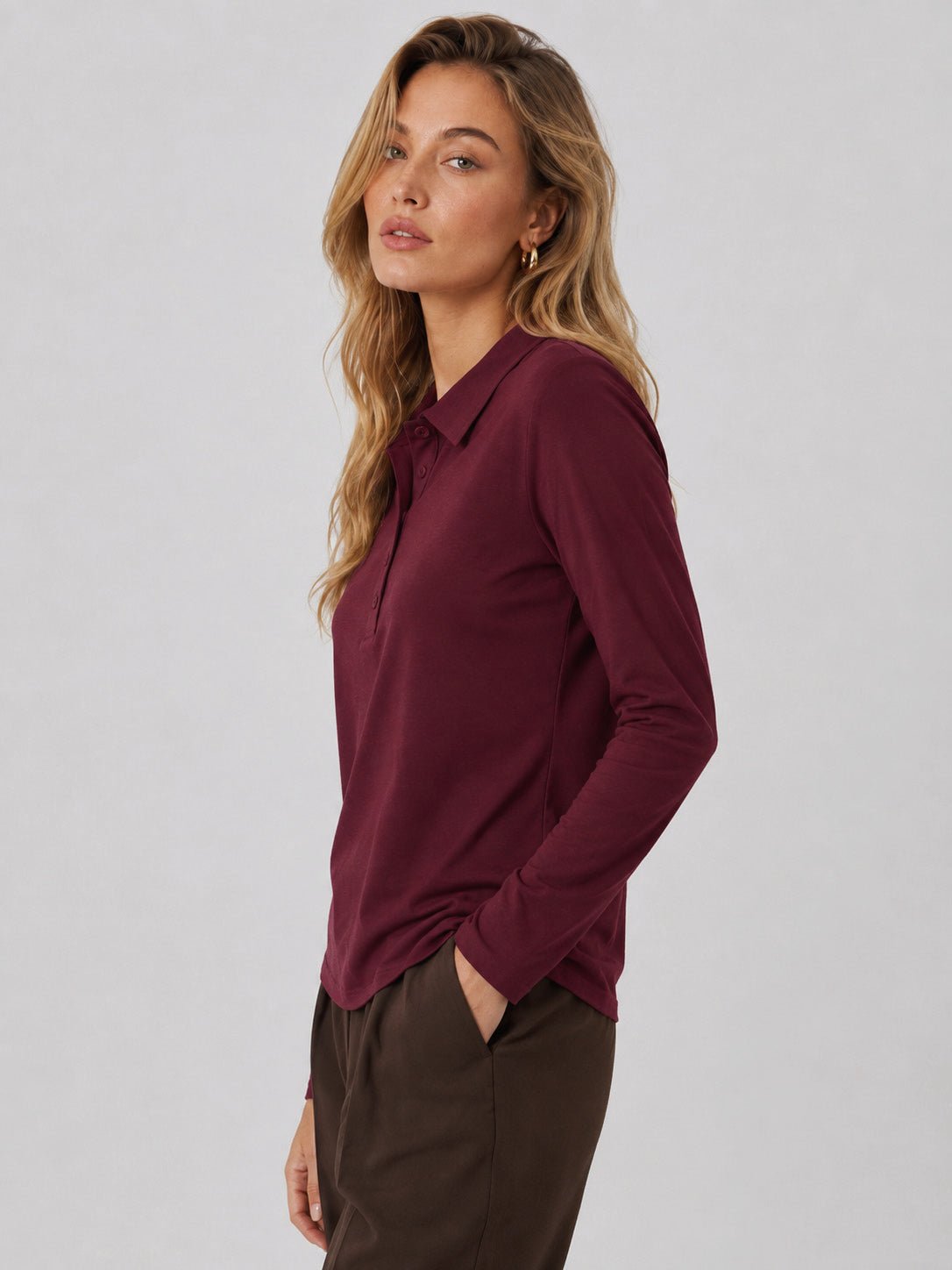 YUCOLEN Women's Long Sleeve Golf Shirt Breathable Cotton Blend 5-Button Top in Wine Red