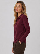 YUCOLEN Women's Long Sleeve Golf Shirt Breathable Cotton Blend 5-Button Top in Wine Red