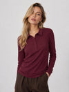 YUCOLEN Women's Long Sleeve Golf Shirt Breathable Cotton Blend 5-Button Top in Wine Red
