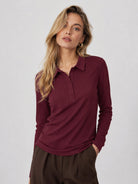 YUCOLEN Women's Long Sleeve Golf Shirt Breathable Cotton Blend 5-Button Top in Wine Red