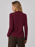 YUCOLEN Women's Long Sleeve Golf Shirt Breathable Cotton Blend 5-Button Top in Wine Red