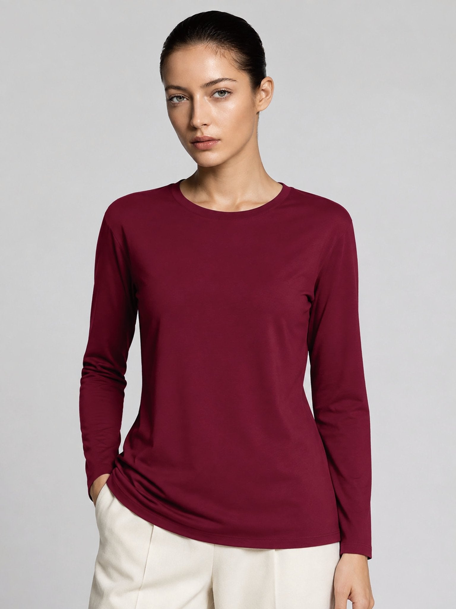 YUCOLEN Women's Long Sleeve Tri-blend Shirt Soft Breathable Loose Fit Crew Neck Tee in Wine Red