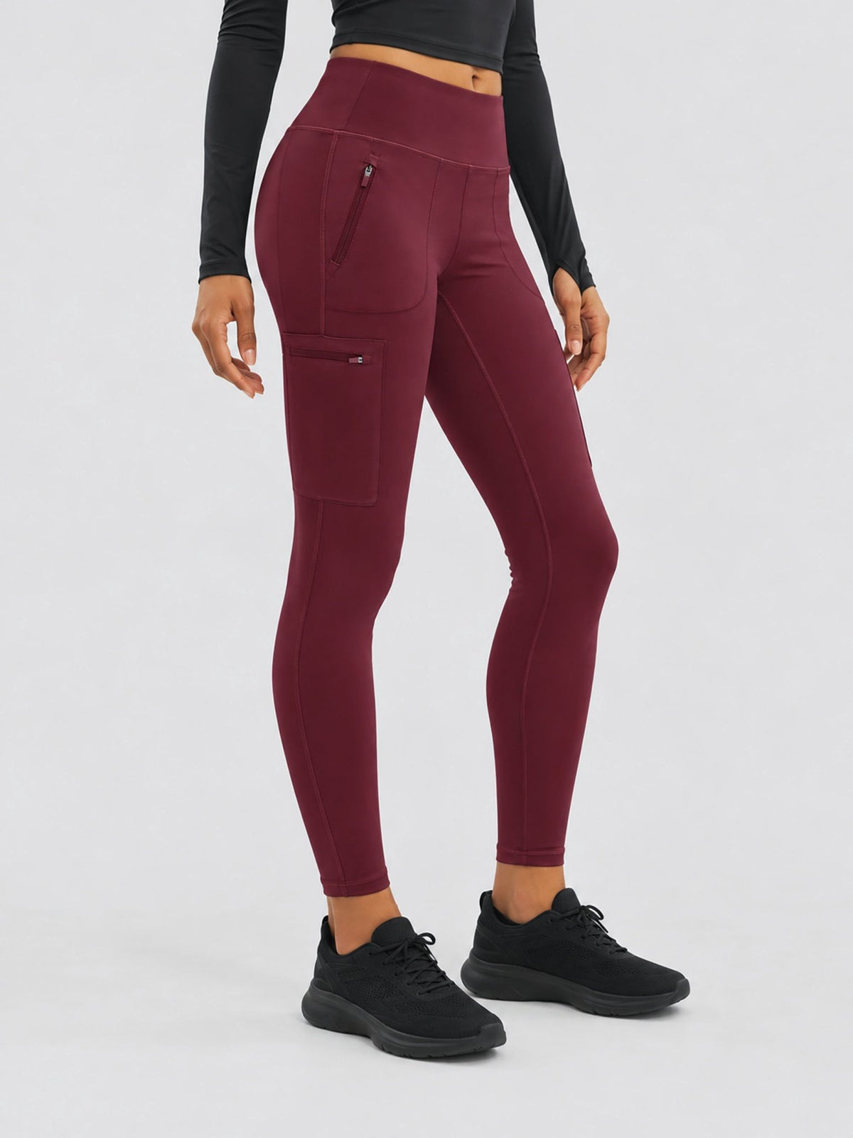 YUCOLEN Women's Outdoor Stretch Leggings with High Waist and Pockets in Wine Red
