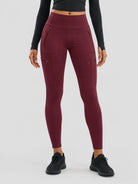 YUCOLEN Women's Outdoor Stretch Leggings with High Waist and Pockets in Wine Red