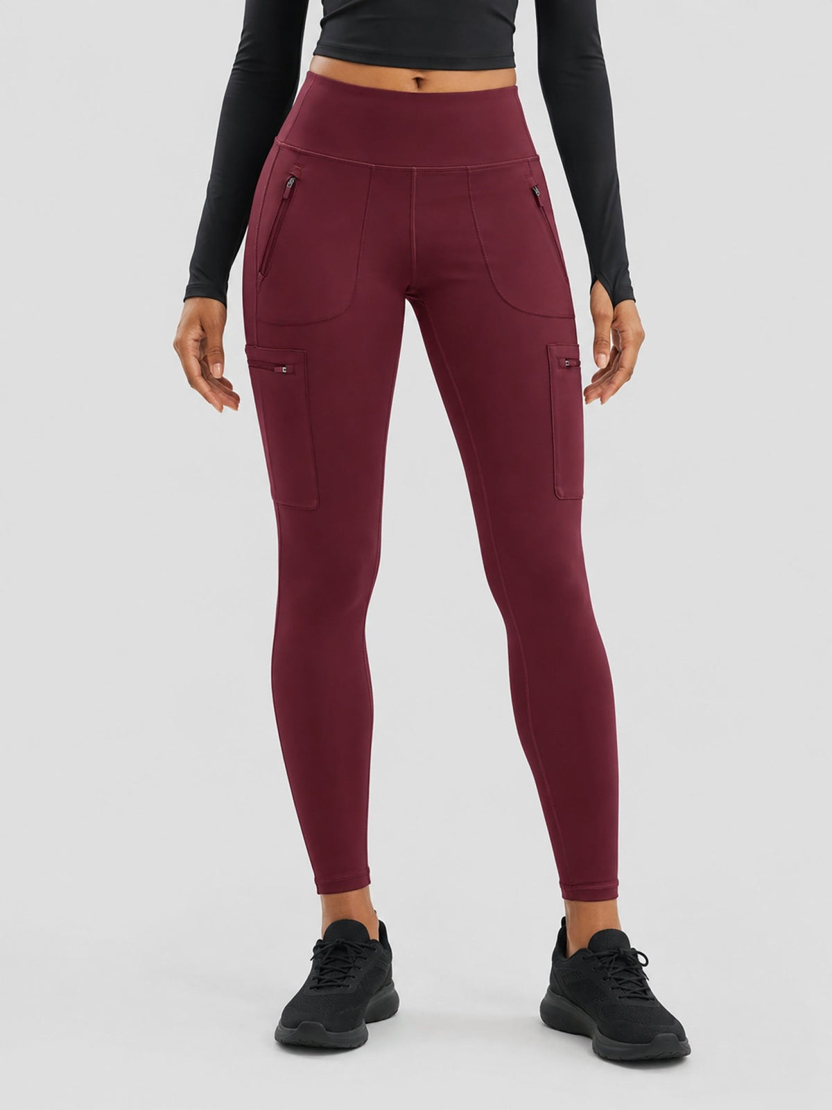 YUCOLEN Women's Outdoor Stretch Leggings with High Waist and Pockets in Wine Red