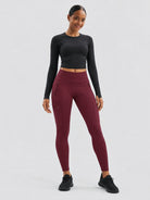 YUCOLEN Women's Outdoor Stretch Leggings with High Waist and Pockets in Wine Red