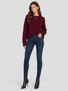 YUCOLEN Women's Oversized Cable Knit Sweater Soft Chunky Crew Neck Pullover Top in Wine Red