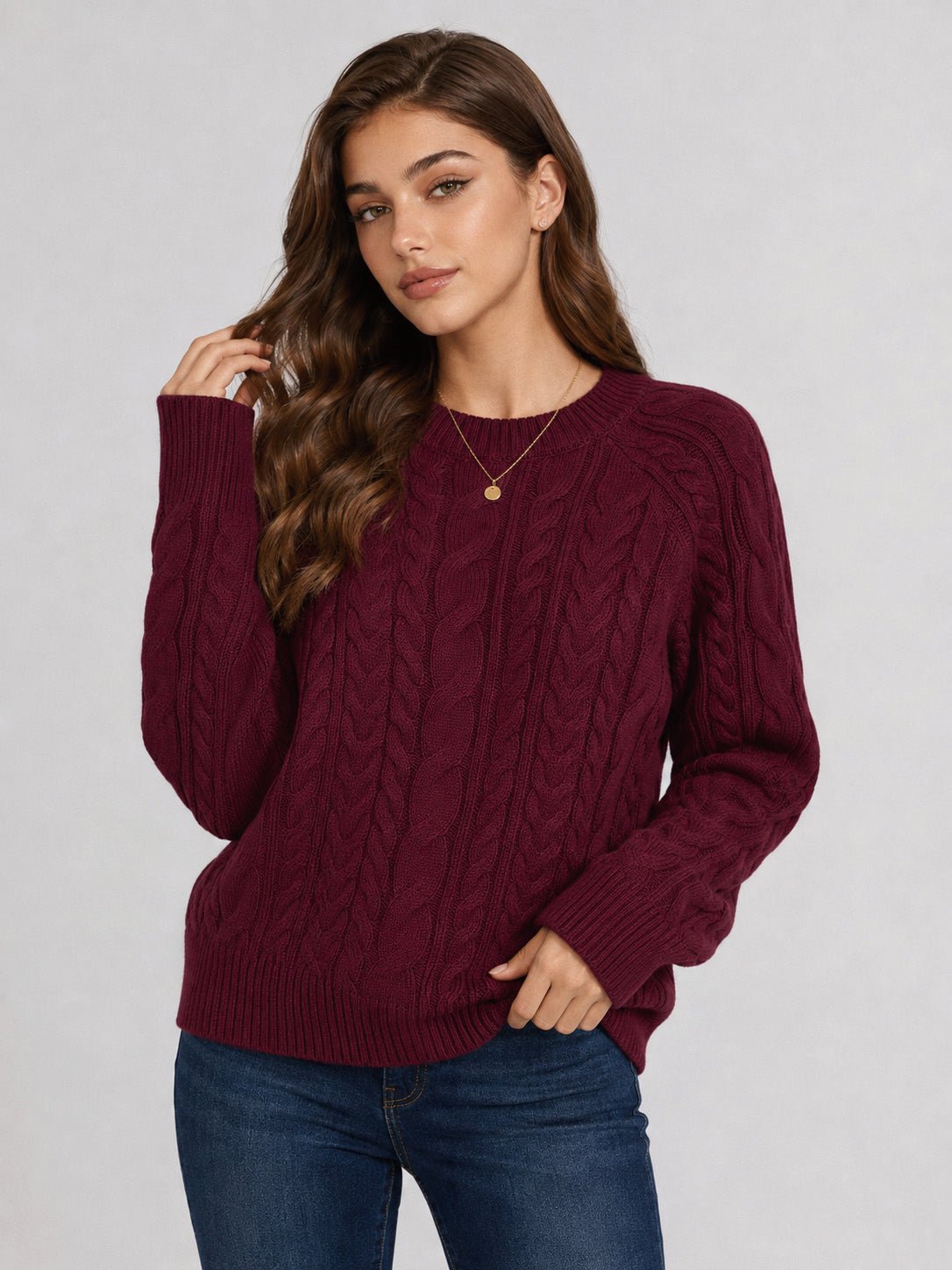 YUCOLEN Women's Oversized Cable Knit Sweater Soft Chunky Crew Neck Pullover Top in Wine Red