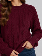 YUCOLEN Women's Oversized Cable Knit Sweater Soft Chunky Crew Neck Pullover Top in Wine Red