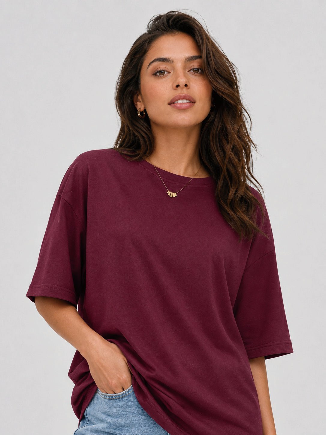 YUCOLEN Women's Oversized Cotton Blend T-Shirt Loose Fit Drop Shoulder Crewneck Tee in Wine red