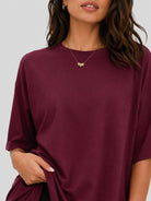 YUCOLEN Women's Oversized Cotton Blend T-Shirt Loose Fit Drop Shoulder Crewneck Tee in Wine red