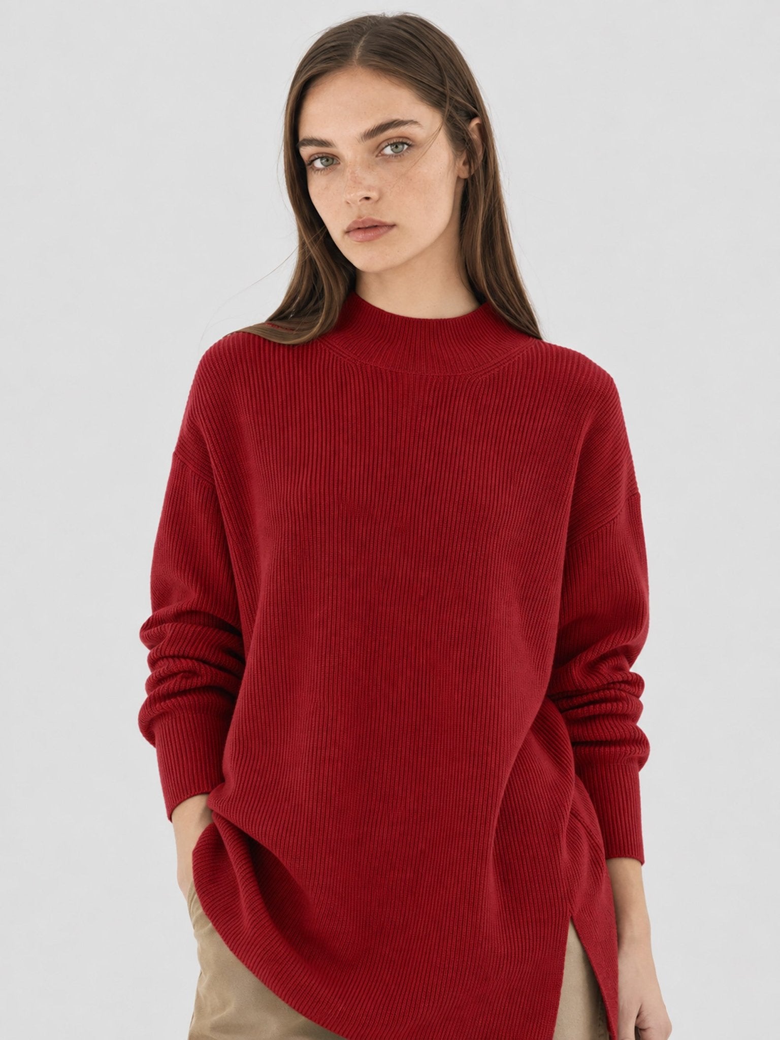 YUCOLEN Women's Oversized Ribbed Knit Turtleneck Pullover with Side Slit in Wine Red