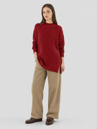 YUCOLEN Women's Oversized Ribbed Knit Turtleneck Pullover with Side Slit in Wine Red