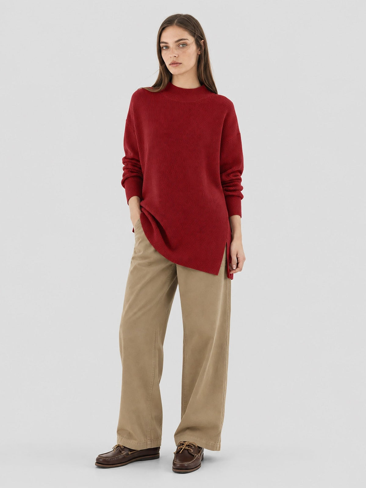 YUCOLEN Women's Oversized Ribbed Knit Turtleneck Pullover with Side Slit in Wine Red