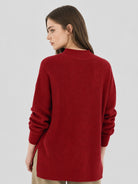 YUCOLEN Women's Oversized Ribbed Knit Turtleneck Pullover with Side Slit in Wine Red
