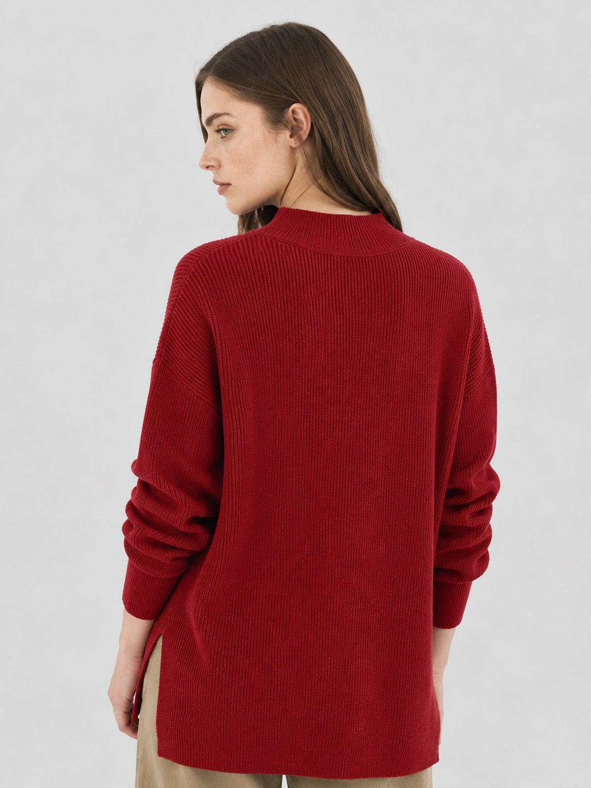 YUCOLEN Women's Oversized Ribbed Knit Turtleneck Pullover with Side Slit in Wine Red
