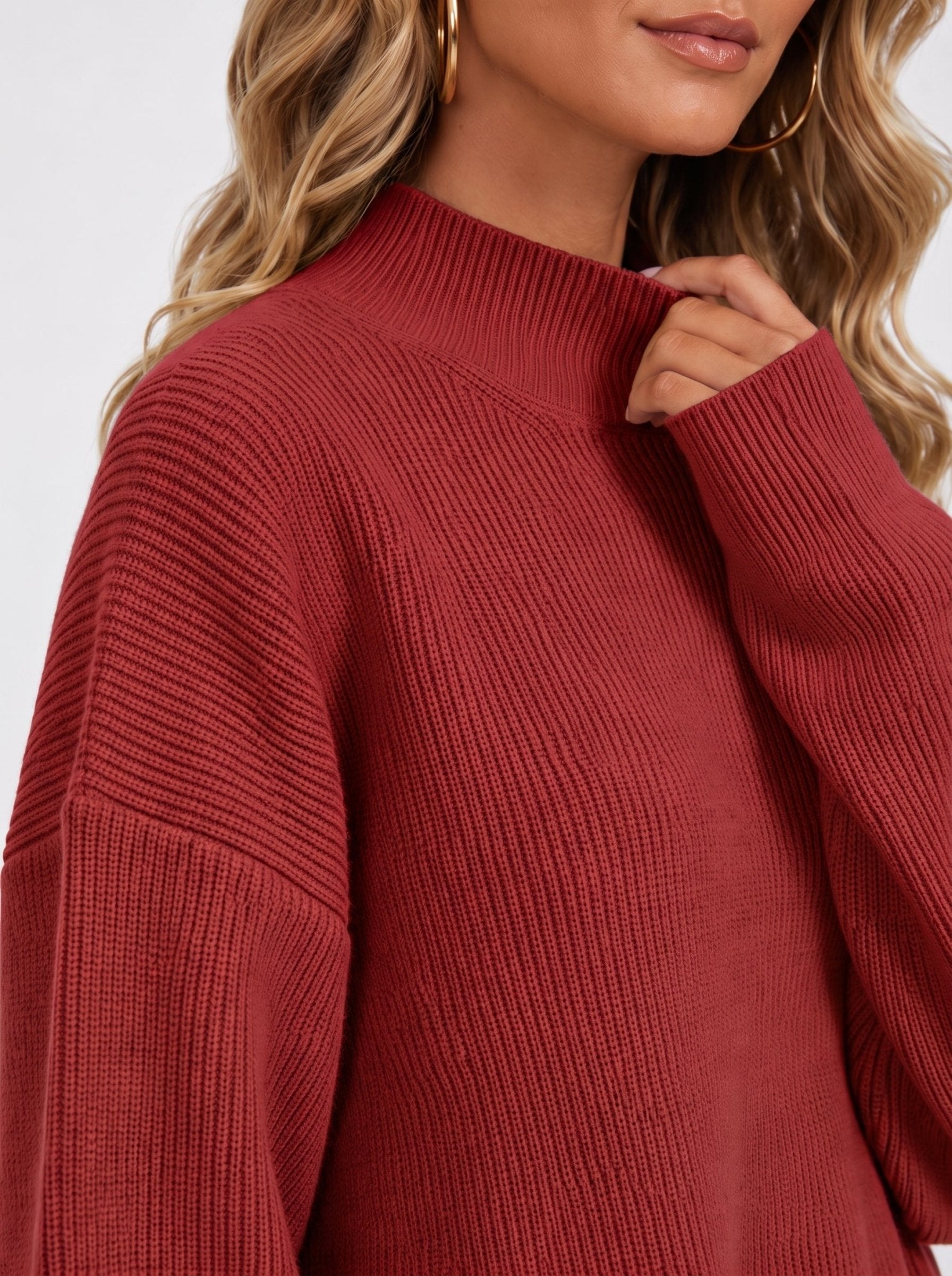 YUCOLEN Women's Oversized Ribbed Knit Turtleneck Pullover with Side Slit in Wine Red