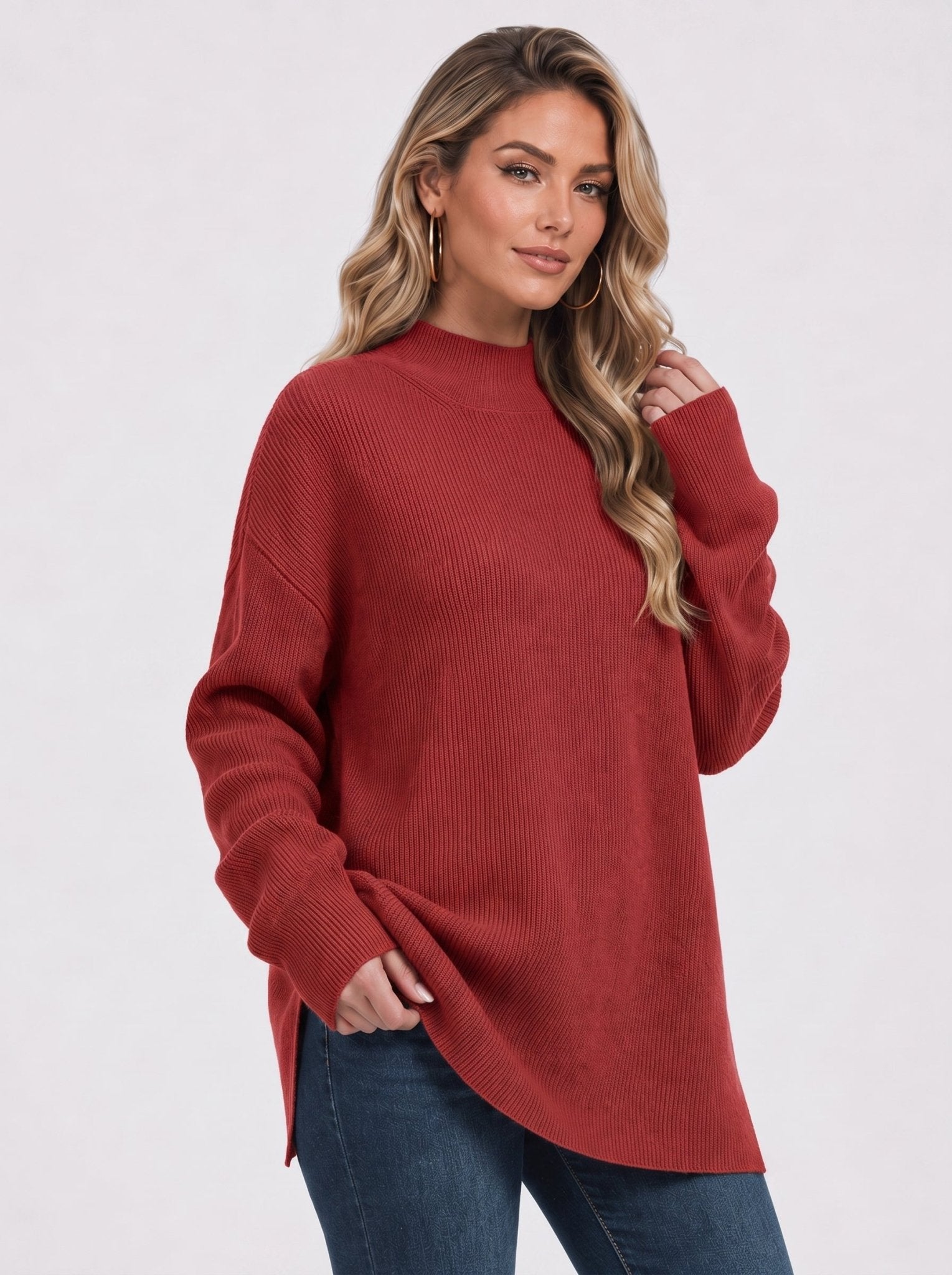 YUCOLEN Women's Oversized Ribbed Knit Turtleneck Pullover with Side Slit in Wine Red