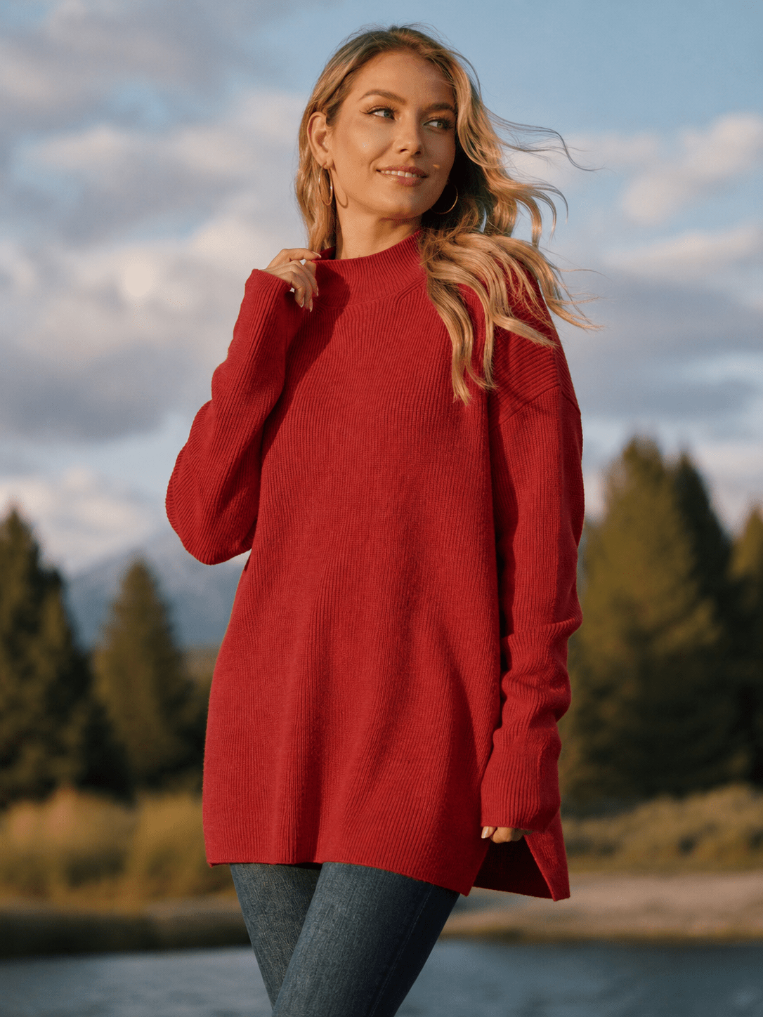 YUCOLEN Women's Oversized Ribbed Knit Turtleneck Pullover with Side Slit in Wine Red