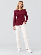 YUCOLEN Womens Pleated Crew Neck Long Sleeve Casual Stretch Top in Wine Red