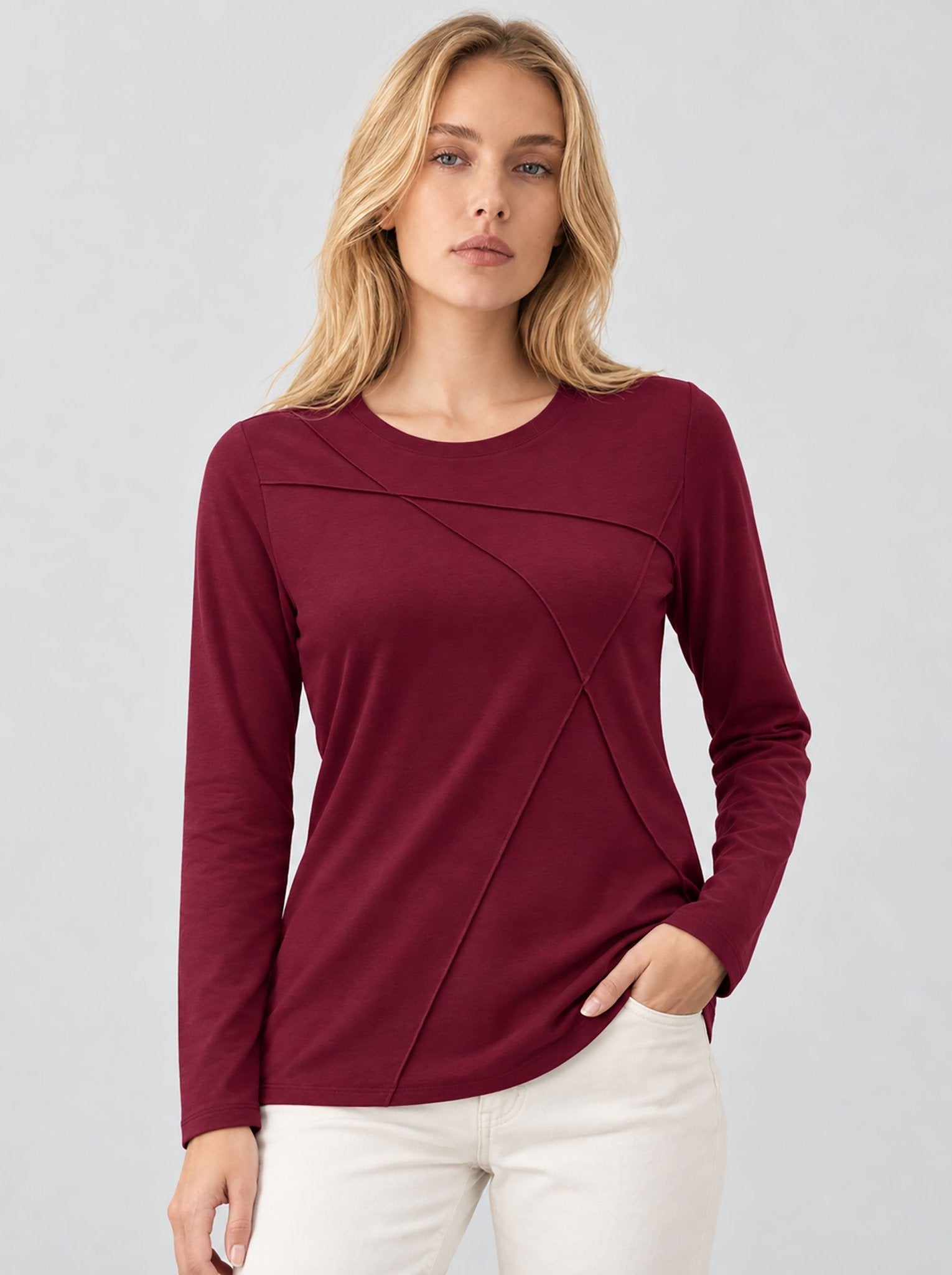 YUCOLEN Womens Pleated Crew Neck Long Sleeve Casual Stretch Top in Wine Red
