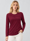 YUCOLEN Womens Pleated Crew Neck Long Sleeve Casual Stretch Top in Wine Red