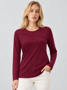 YUCOLEN Womens Pleated Crew Neck Long Sleeve Casual Stretch Top in Wine Red