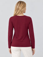 YUCOLEN Womens Pleated Crew Neck Long Sleeve Casual Stretch Top in Wine Red