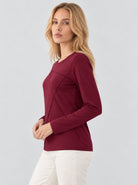 YUCOLEN Womens Pleated Crew Neck Long Sleeve Casual Stretch Top in Wine Red