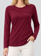 YUCOLEN Womens Pleated Crew Neck Long Sleeve Casual Stretch Top in Wine Red
