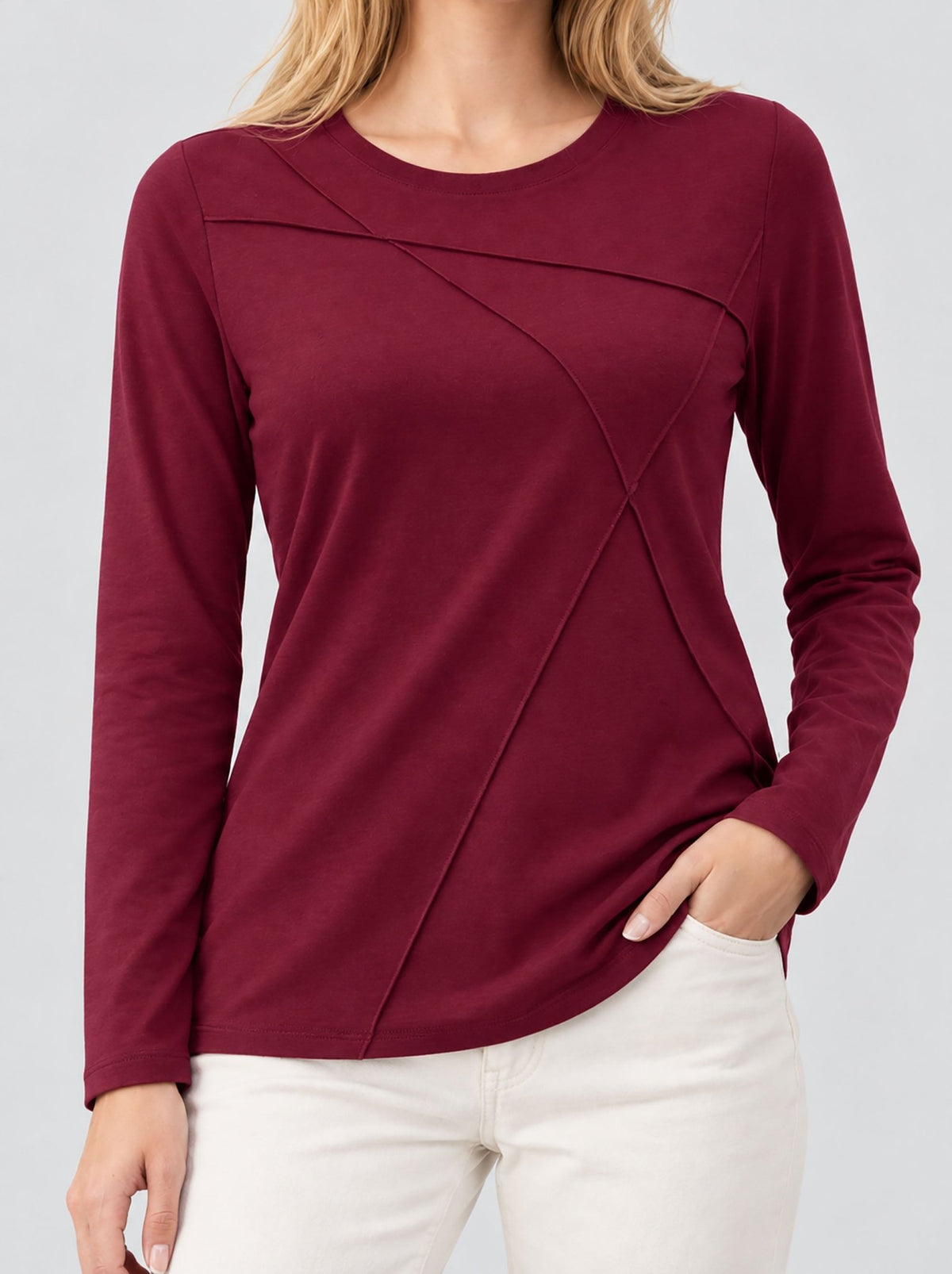 YUCOLEN Womens Pleated Crew Neck Long Sleeve Casual Stretch Top in Wine Red