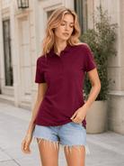 YUCOLEN Women's Short Sleeve Cotton Polo Shirt Breathable 3-Button Collared Top in Wine Red