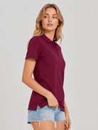 YUCOLEN Women's Short Sleeve Cotton Polo Shirt Breathable 3-Button Collared Top in Wine Red
