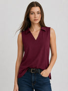 YUCOLEN Women's Sleeveless Golf Polo Shirt UPF 50+ V Neck Side Slit Sun Protection Top in Wine Red