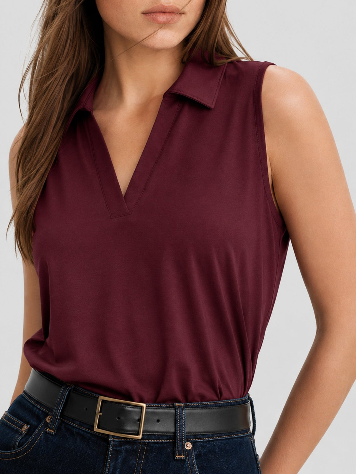 YUCOLEN Women's Sleeveless Golf Polo Shirt UPF 50+ V Neck Side Slit Sun Protection Top in Wine Red