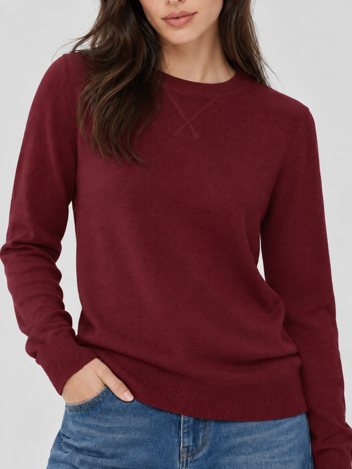 YUCOLEN Women's Soft Wool Blend Lightweight Crewneck Pullover Sweater in Wine Red