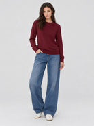 YUCOLEN Women's Soft Wool Blend Lightweight Crewneck Pullover Sweater in Wine Red