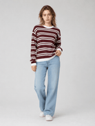YUCOLEN Women's Striped Crewneck Sweater Soft Knit Casual Loose Fit Pullover for Fall Winter in Wine