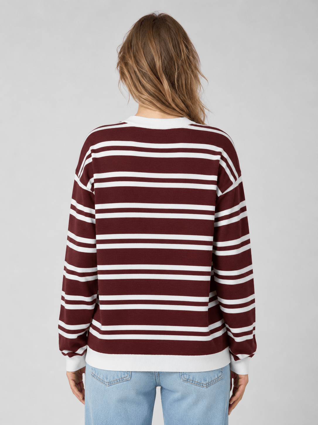 YUCOLEN Women's Striped Crewneck Sweater Soft Knit Casual Loose Fit Pullover for Fall Winter in Wine