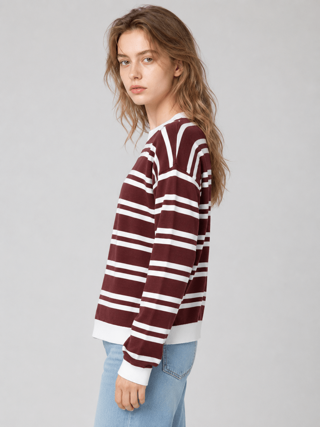 YUCOLEN Women's Striped Crewneck Sweater Soft Knit Casual Loose Fit Pullover for Fall Winter in Wine