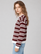 YUCOLEN Women's Striped Crewneck Sweater Soft Knit Casual Loose Fit Pullover for Fall Winter in Wine