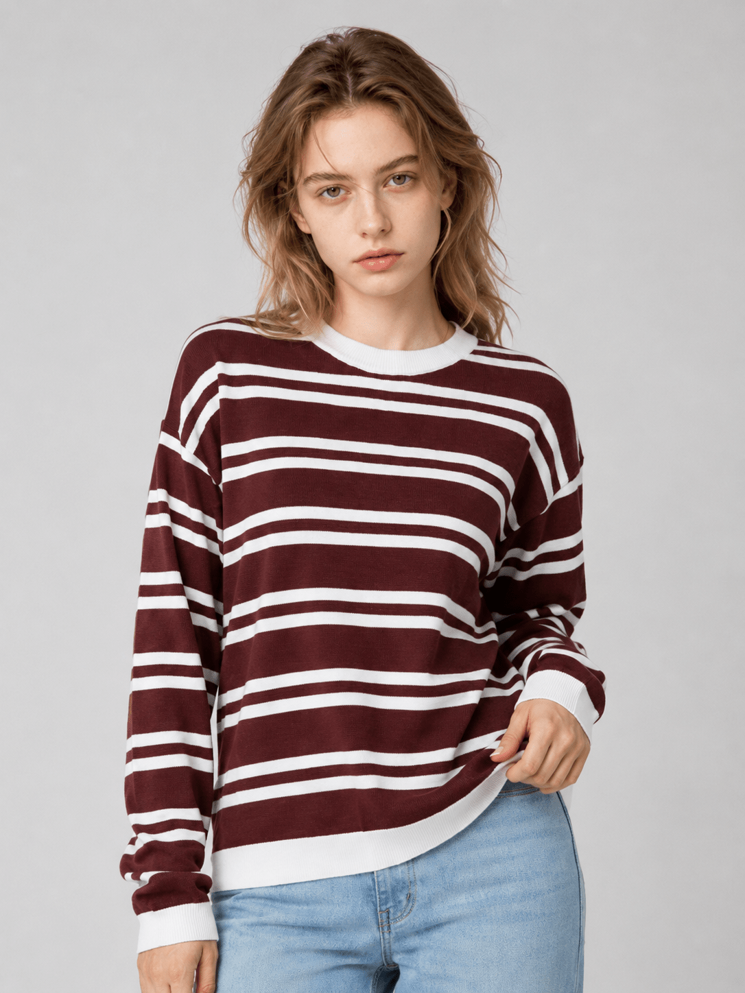 YUCOLEN Women's Striped Crewneck Sweater Soft Knit Casual Loose Fit Pullover for Fall Winter in Wine
