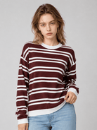 YUCOLEN Women's Striped Crewneck Sweater Soft Knit Casual Loose Fit Pullover for Fall Winter in Wine